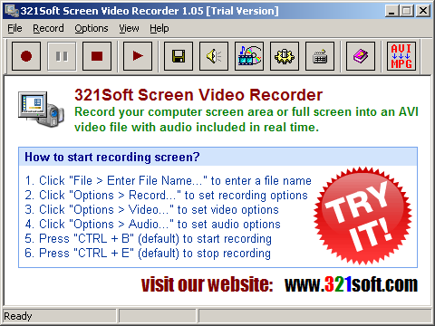 321Soft Screen Video Recorder - record PC screen into video AVI in real time